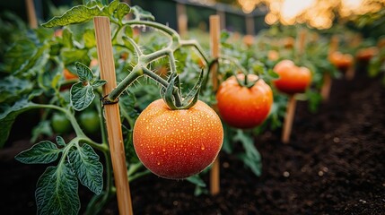 Lush Organic Tomato Garden at Golden Hour