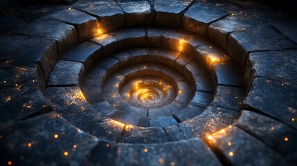 Mystical Spiral Stone Formation with Ethereal Glowing Lights