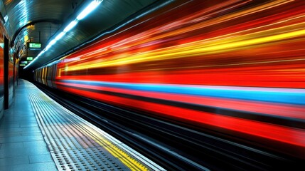 A blurred train swiftly moves through a subway station, creating an impression of speed and transit in an urban environment.