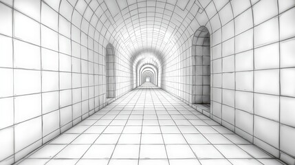 Abstract White Tunnel with Grid Pattern and Symmetrical Arches Evoking Depth and Perspective