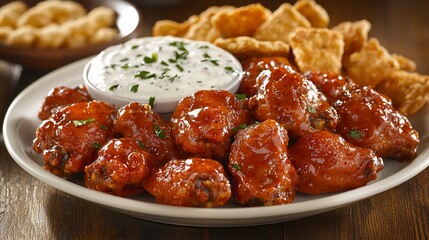 BBQ chicken wings, crispy tenders, and ranch dip on a plate.