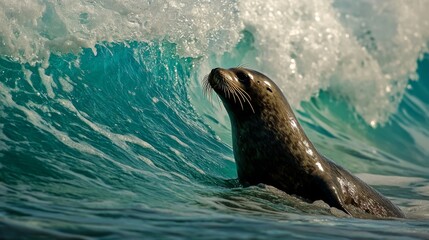 Fototapeta premium Dark Seal Emerging From a Turquoise Ocean Wave