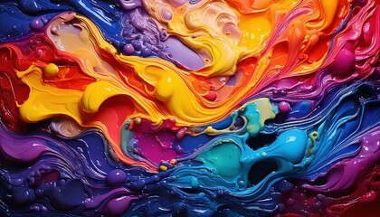 Fototapeta premium Colorful abstract painting with swirling fluid textures in shades of yellow, red, blue, and purple, creating a dynamic and expressive composition.