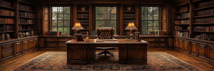 Luxurious wooden library office with large windows, bookshelves, desk, and leather chair.