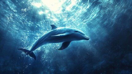 Fototapeta premium Graceful Dolphin Swimming Underwater in Bright Blue Ocean