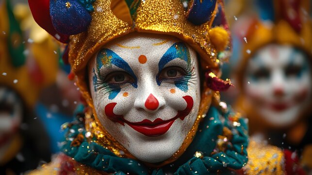 Close-up of carnival performer with intricate clown mask, golden costume and glittering details. Fasching in festive street celebration