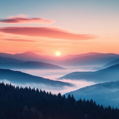 Obraz premium Serene Sunrise Over Misty Mountain Ranges