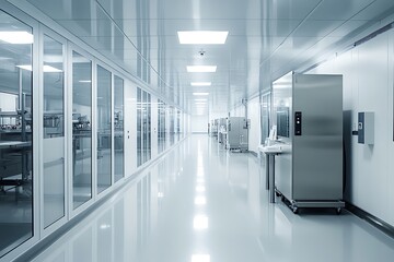 Cleanroom corridor with stainless steel equipment and glass walls.
