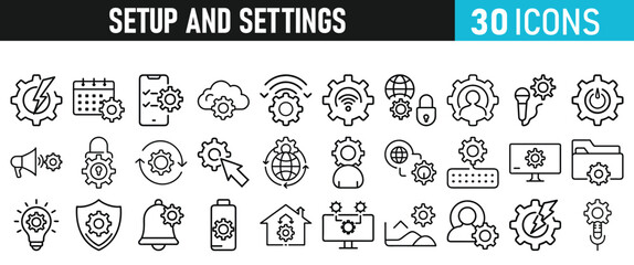 Settings and setup icon set. Setup icons for web and mobile app in liner style. Settings, setup, fix, maintenance, update, options, control, solution Vector illustration