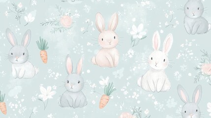 Cute Woodland Animals with Bunnies and Carrots on Soft Green Background