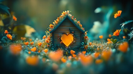 Naklejka premium Enchanted miniature house nestled in a vibrant flower garden