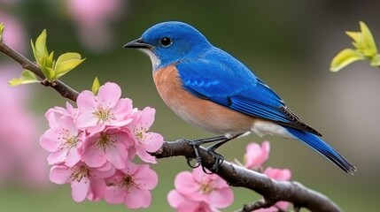 Obraz premium A blue and white bird rests on a blossoming tree branch amid colorful flowers, capturing the essence of spring in a serene landscape