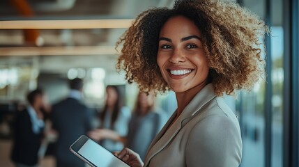 A professional class model businesswoman in a modern office setting, confidently presenting a digital tablet to a diverse group of colleagues, with a clean and minimalist background