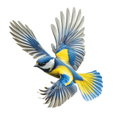 Obraz premium Blue Tit in Flight Wings Spread Majestic Soaring Free