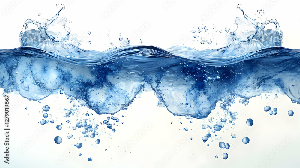 Poster dynamic water splash creating abstract shape in motion against a white background