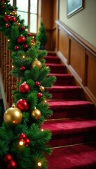The staircase is wrapped in a festive garland of pine and holly, evergreen, ornament