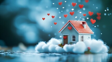 Naklejka premium A Charming Little House Surrounded by Hearts and Clouds