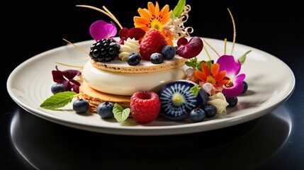 A luxurious layered dessert with a creamy white top and a biscuit base, decorated with fresh berries and artistic caramel elements. Ideal for restaurant menus, patisserie advertising,