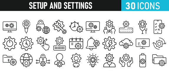 Settings and setup icon set. Setup icons for web and mobile app in liner style. Settings, setup, fix, maintenance, update, options, control, solution Vector illustration