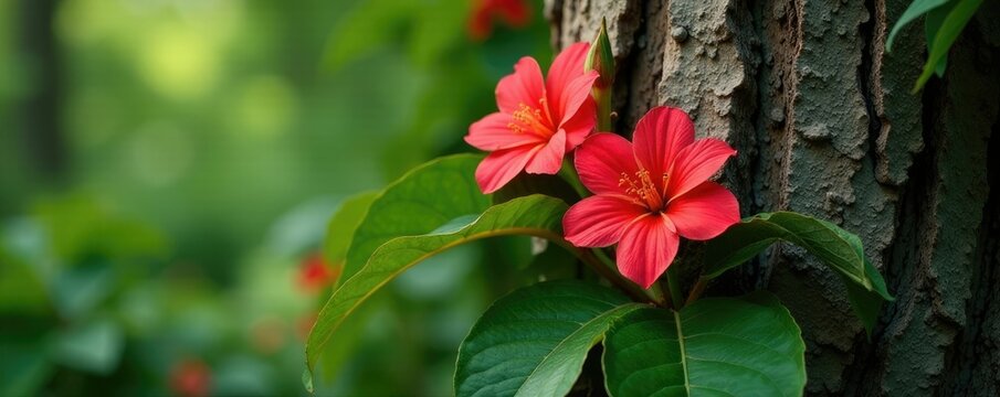 the texture and color of the jambo flowers complement the rough bark of a tree trunk, botanical, trees, foliage