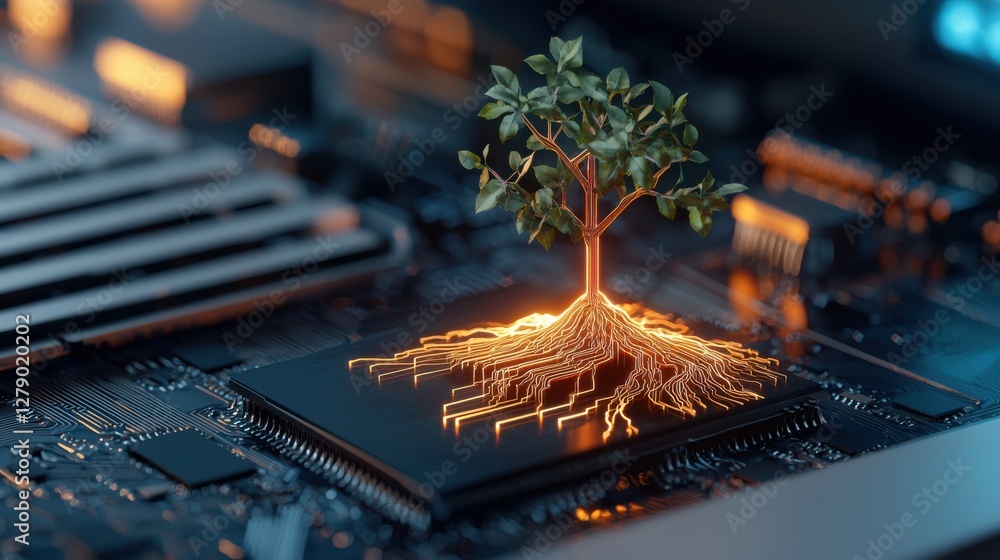 Poster cybernetic tree of knowledge - glowing neon roots connecting futuristic technology and innovation. o