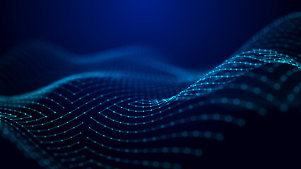 Big data visualization. The musical stream of sounds. Abstract background with interweaving of dots . 3D rendering.