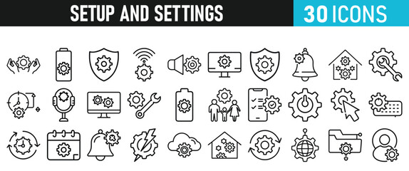 Settings and setup icon set. Setup icons for web and mobile app in liner style. Settings, setup, fix, maintenance, update, options, control, solution Vector illustration