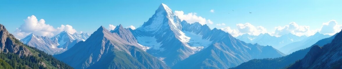Obraz premium Towering mountain peaks against a clear blue sky, wilderness, clouds