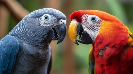 Obraz premium Close Up of a Red Macaw and an African Grey Parrot