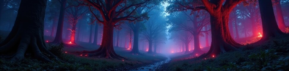 Obraz premium Towering trees radiating an otherworldly glow, casting shadows on the ground, glowing foliage, eerie ambiance, glowing forest