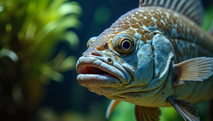 Fototapeta premium Close-up of a barramundi fish looking curiously in vibrant aquatic environment