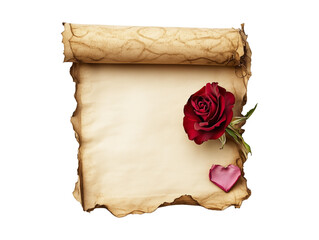 old blank sheet of paper with red rose on the side isolated on white background