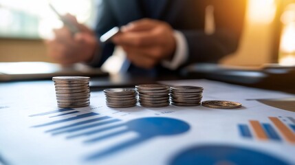 Obraz premium Financial Growth and Investment Strategy: Stacked Coins on Business Charts
