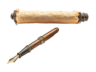 old vintage ink pen and scroll of antique paper on isolated on white background