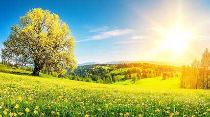 Obraz premium Blooming meadow under a radiant sun, golden tree and distant mountains