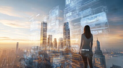 Woman Observing Futuristic Cityscape at Dawn: A Vision of Technological Advancement and Urban Development