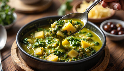 Delicious caldo verde soup with potatoes and greens being served in a rustic bowl