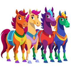 Obraz premium Cartoon Fantasy Horses with Colorful Saddles