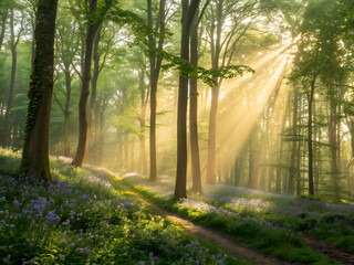 Obraz premium Ethereal Forest Path: A Tranquil Forest Scene with Morning Sunbeams Piercing Through the Canopy and Illuminating a Carpet of Bluebells. 