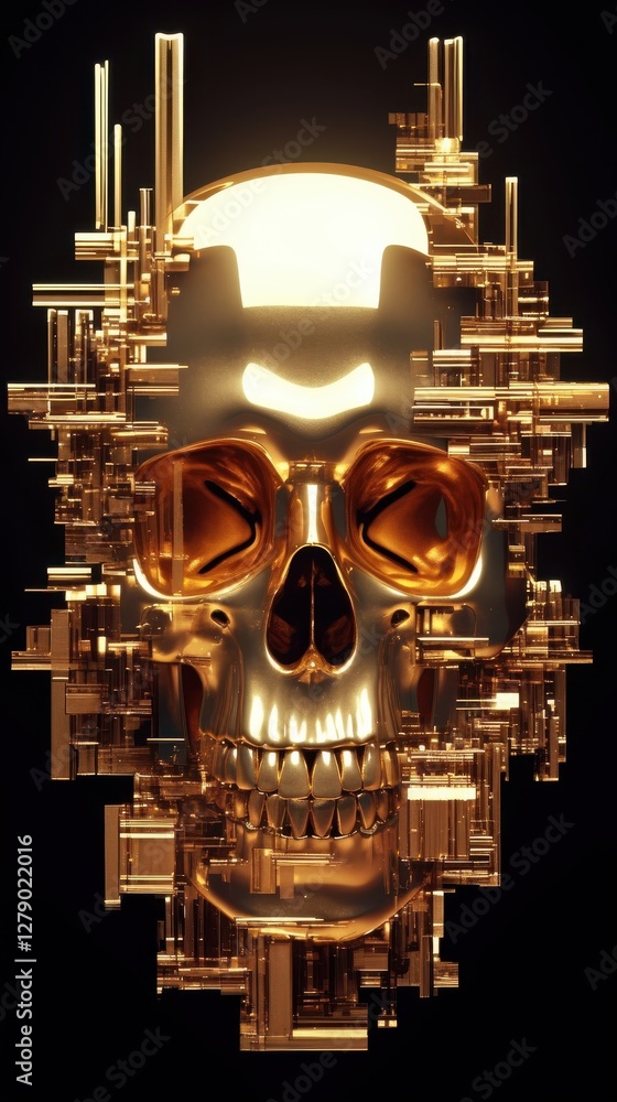 Poster golden skull embedded in abstract metallic structure