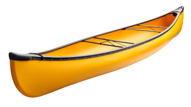 Yellow kayak with paddle ready for lake or ocean adventure, explore, discover and enjoy the water