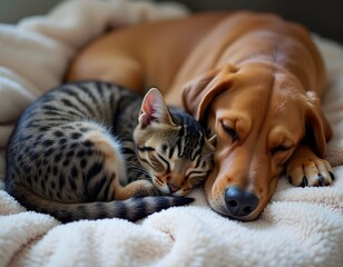 Obraz premium Close-Up of a Cat and Dog Peacefully Napping Together on a Soft Bed