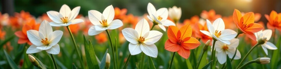White and orange-red flowers forming a crown shape, botanical garden, bloom