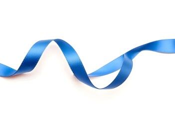 Elegant curled blue ribbon with a shimmering surface, isolated on white background