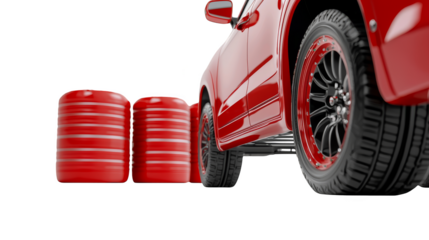 Red car with tire and red tires, automotive transportation maintenance 
