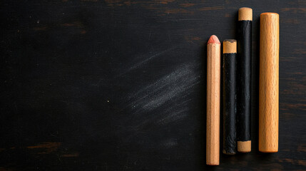 Chalk and pencils on faded chalkboard surface