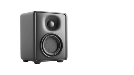 Obraz premium Sleek black speaker on white background, immersive audio experience with highfidelity sound