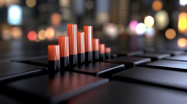 Abstract 3D Orange and Black Bar Graph Against Blurred City Lights