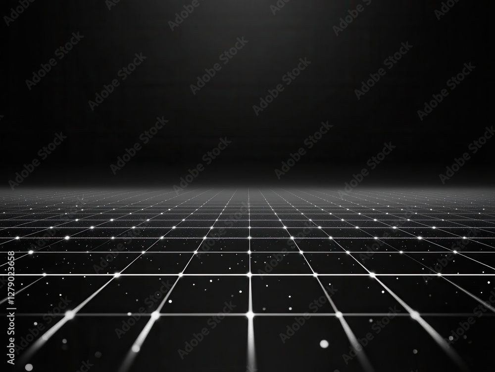 Poster abstract, grid-like display of white lines and dots on a black background. digital design concept