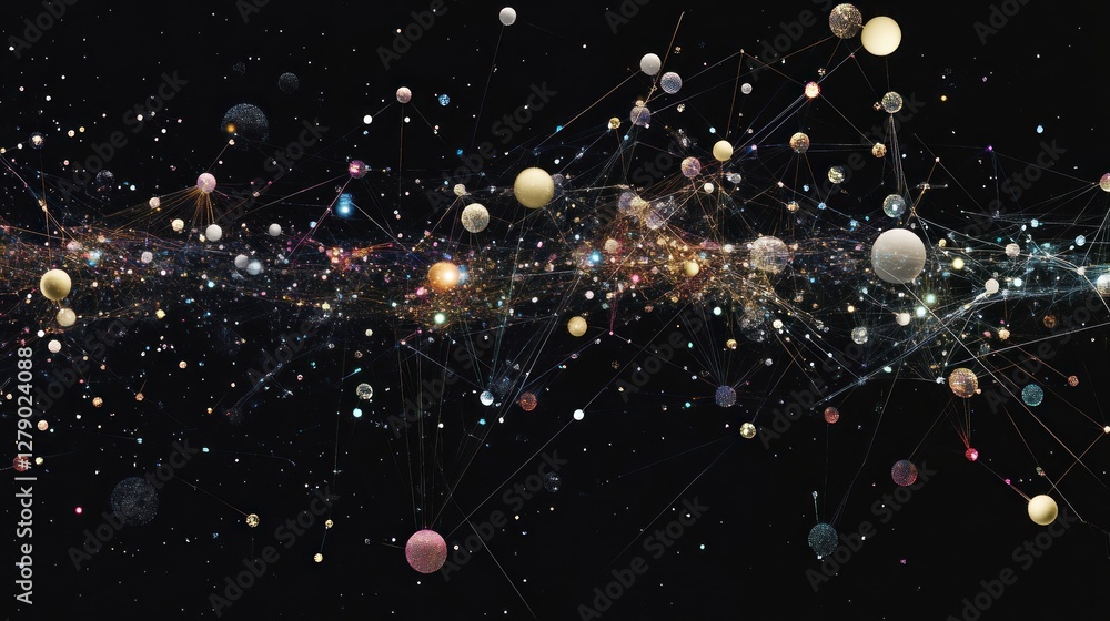 Poster interconnected network of spheres, abstract visualization of data connections